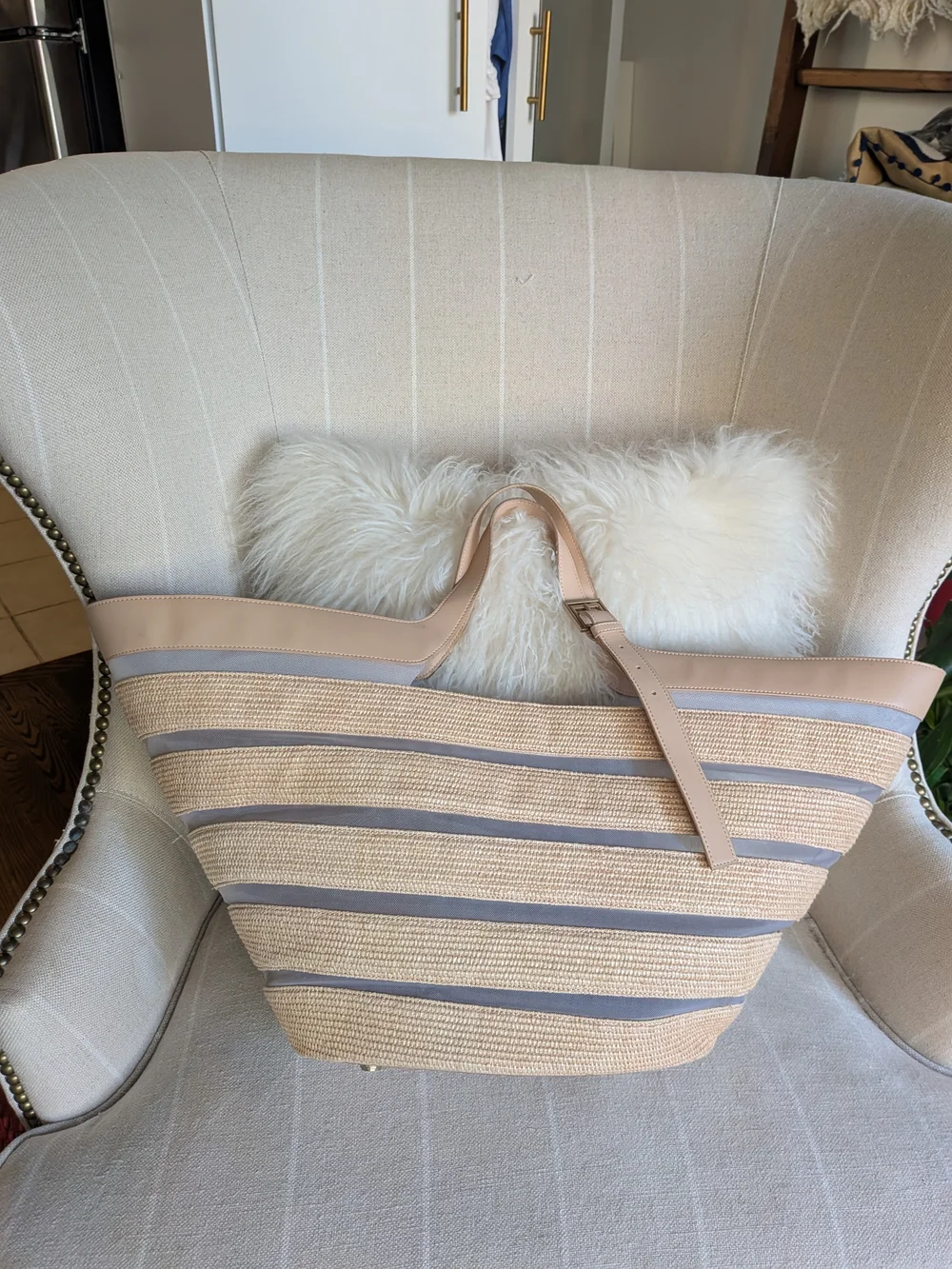CULT GAIA Natural Leather, Straw And Mesh Tote